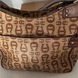 Etienne Aigner Tan and Brown Monogram Shoulder Bag